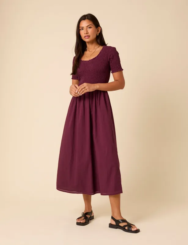 Burgundy Shirred Short Sleeve Zita Midi Dress sold by Nobody's Child