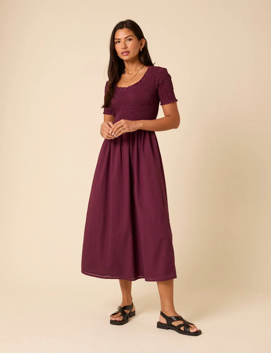 Burgundy Shirred Short Sleeve Zita Midi Dress sold by Nobody's Child
