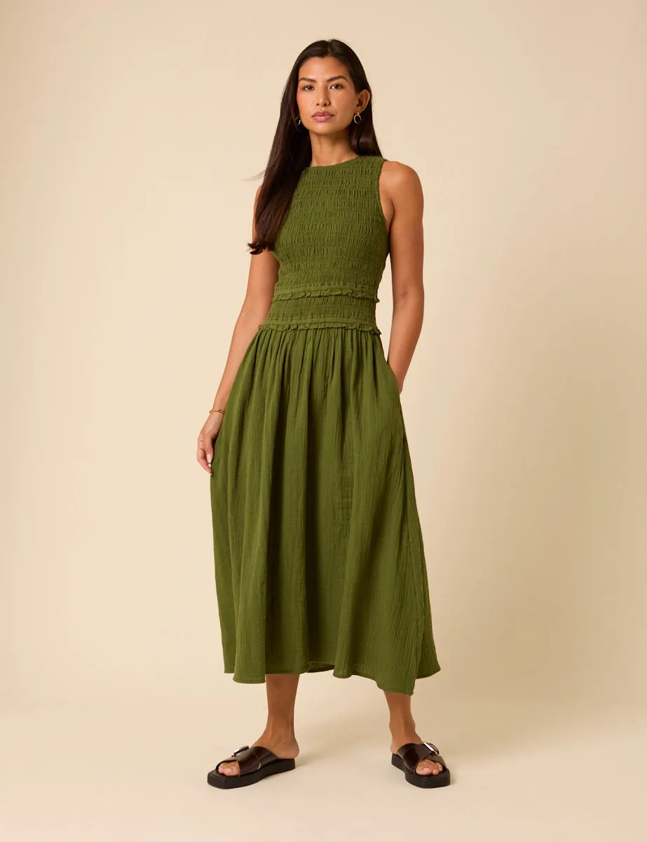 Green Shirred Bodice Ingrid Midi Dress sold by Nobody's Child