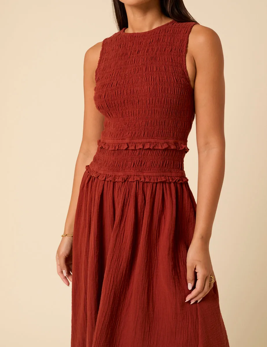 Red Shirred Bodice Ingrid Midi Dress sold by Nobody's Child product image thumbnail 2