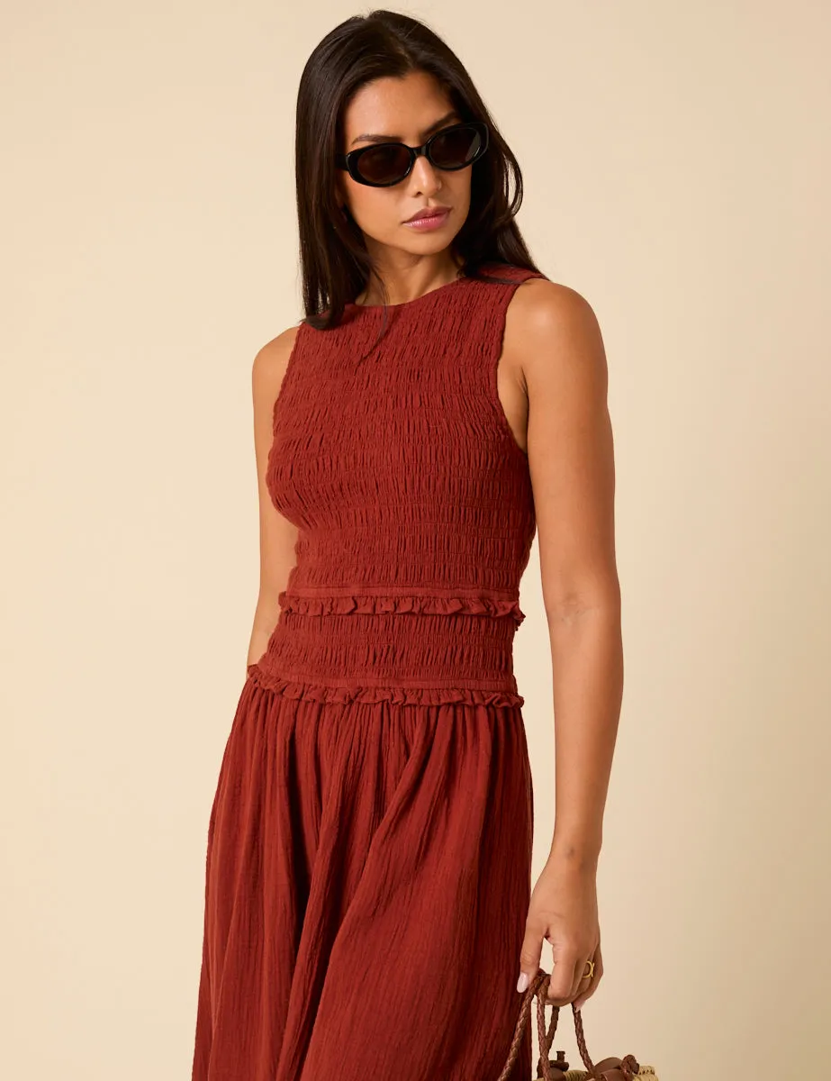 Red Shirred Bodice Ingrid Midi Dress sold by Nobody's Child product image thumbnail 5