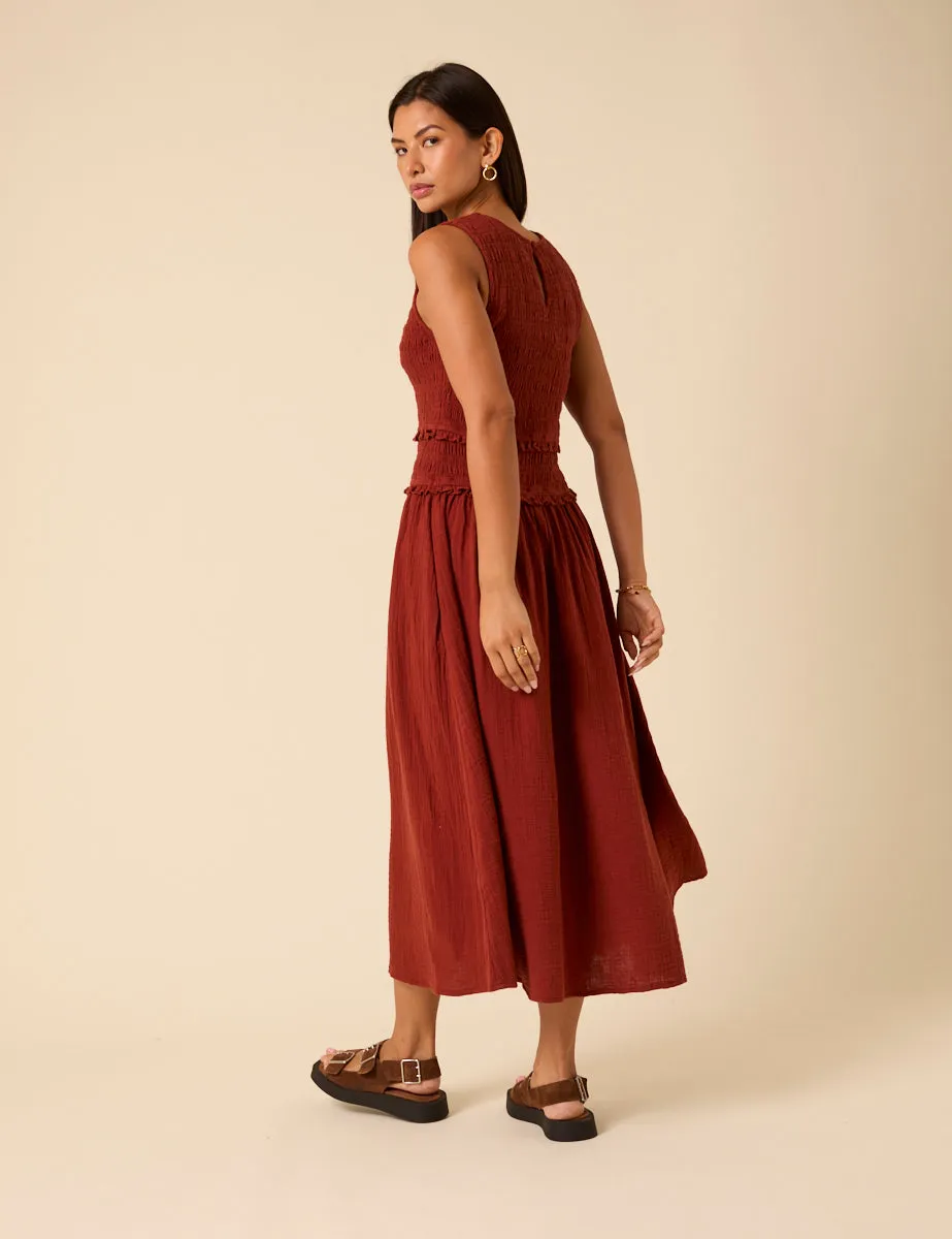 Red Shirred Bodice Ingrid Midi Dress sold by Nobody's Child product image thumbnail 4