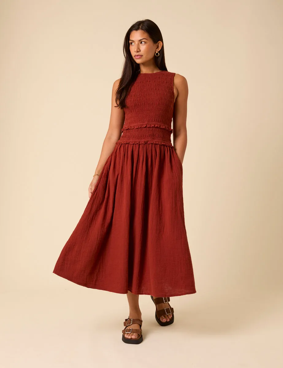 Red Shirred Bodice Ingrid Midi Dress sold by Nobody's Child