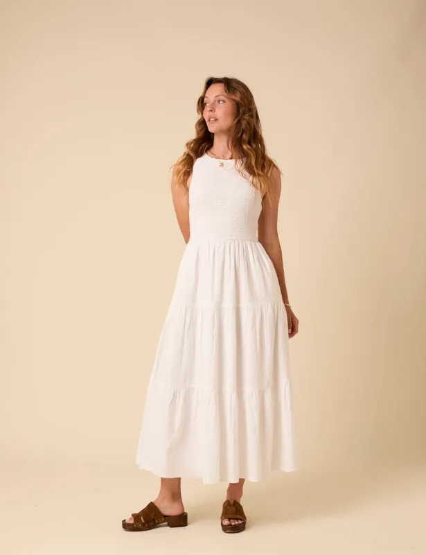 White Sleeveless Tiered Charlie Midi Dress sold by Nobody's Child