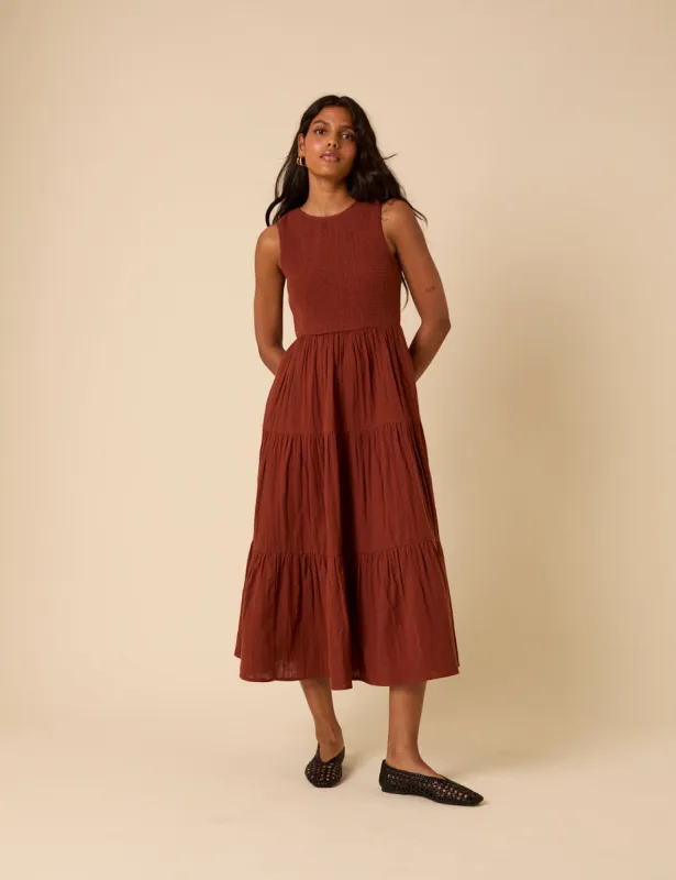 Brown Sleeveless Tiered Charlie Midi Dress sold by Nobody's Child