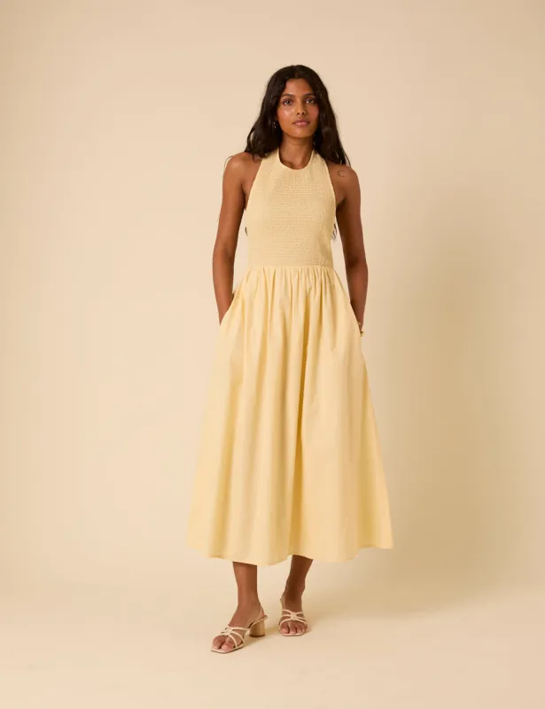 Butter Yellow Shirred Halter Neck Tizzy Midi Dress sold by Nobody's Child
