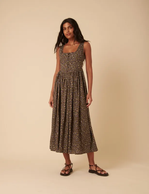 Brown Ditsy Floral Drop Waist Cora Midi Dress sold by Nobody's Child