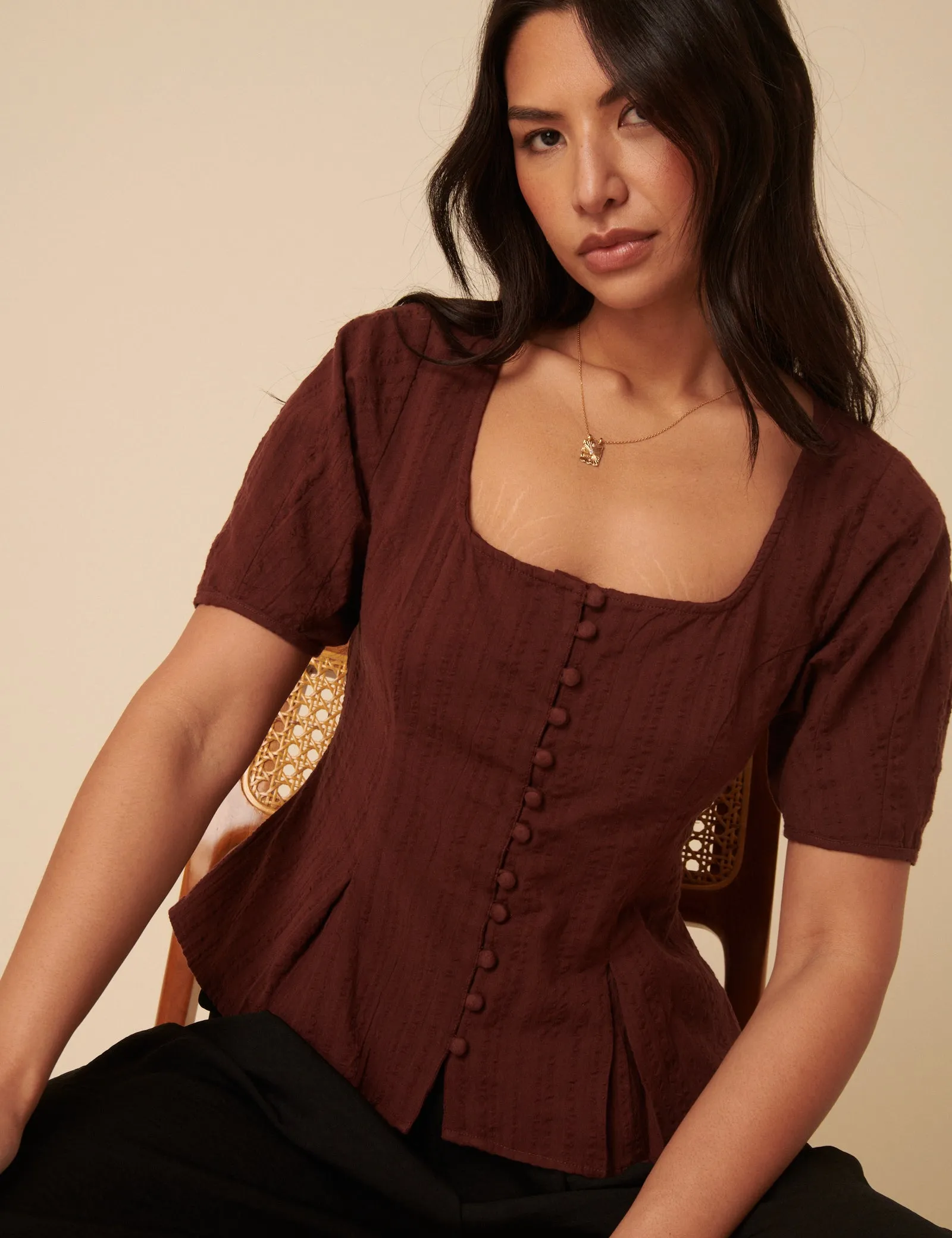 Brown Short Sleeve Button Down Blouse sold by Nobody's Child product image thumbnail 5