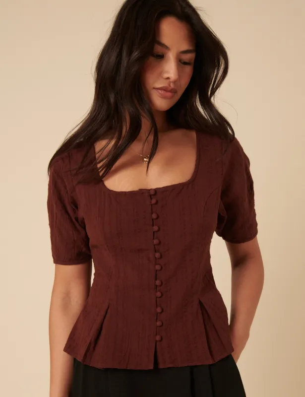 Brown Short Sleeve Button Down Blouse sold by Nobody's Child