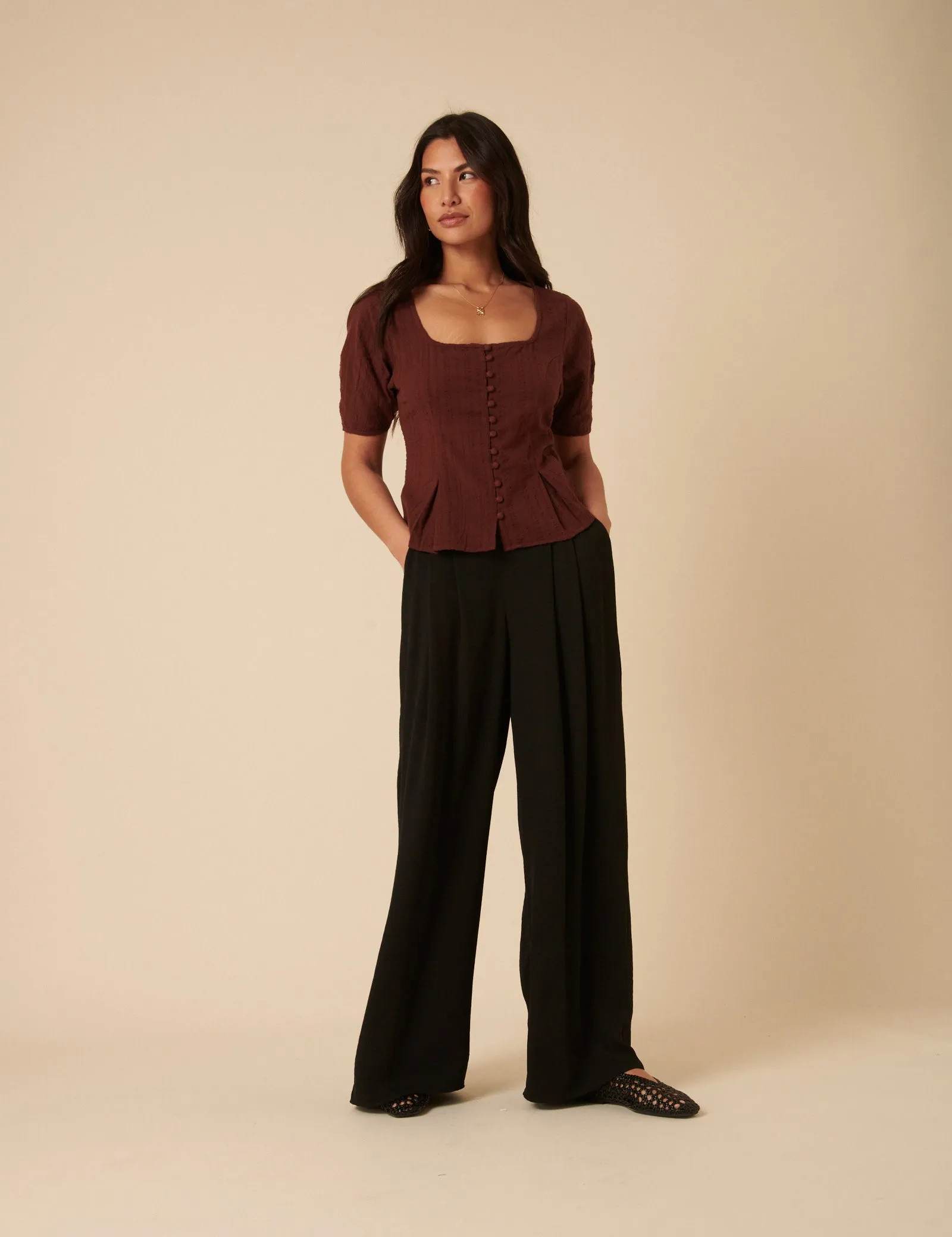 Brown Short Sleeve Button Down Blouse sold by Nobody's Child product image thumbnail 2