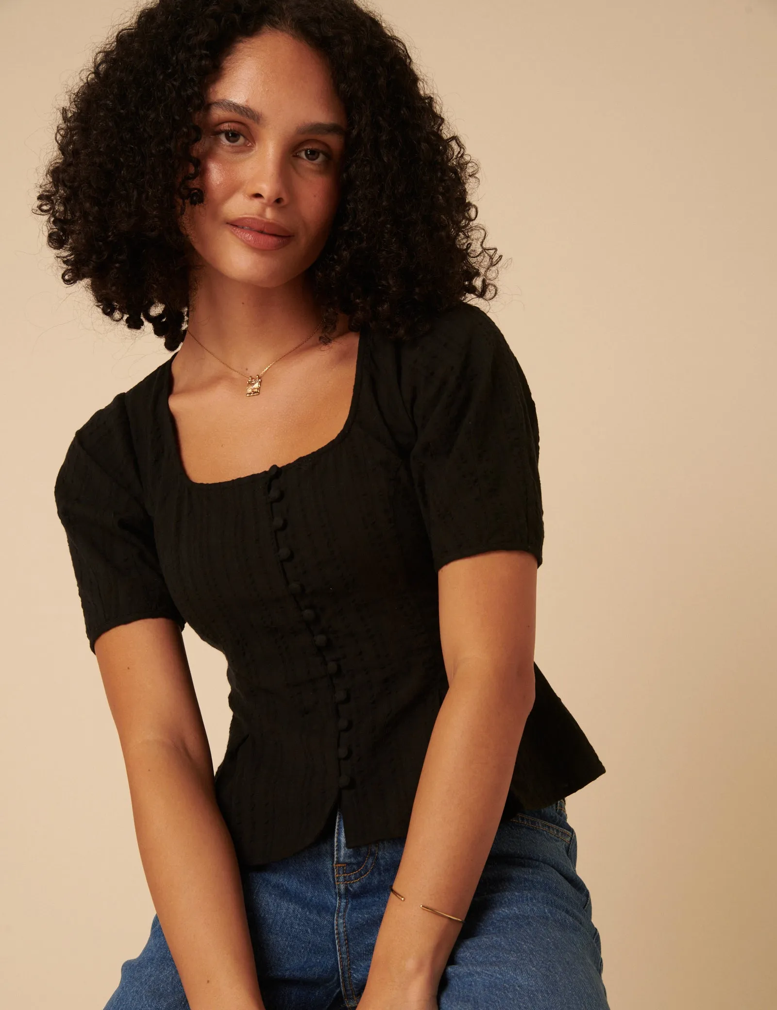 Black Short Sleeve Button Down Blouse sold by Nobody's Child product image thumbnail 5