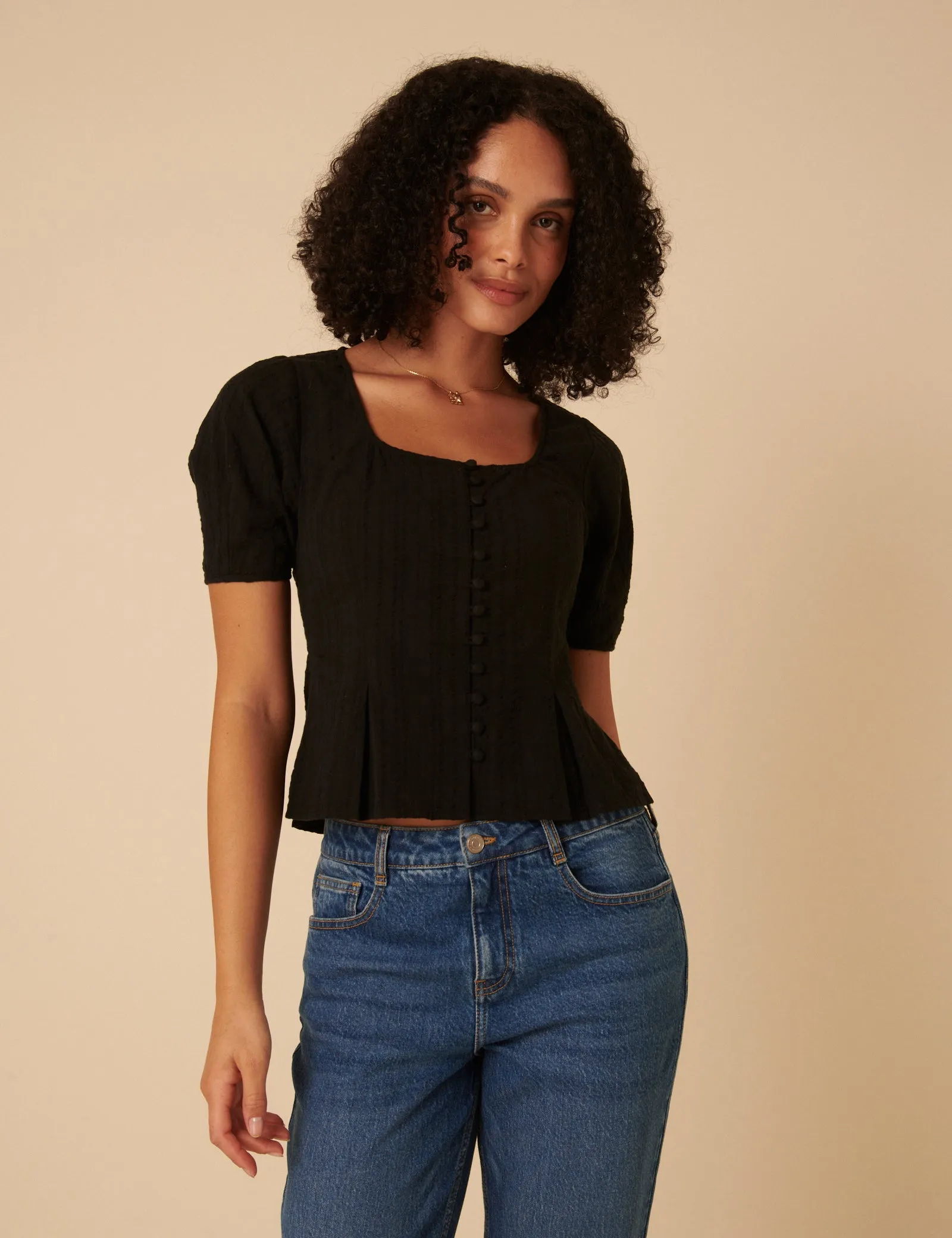 Black Short Sleeve Button Down Blouse sold by Nobody's Child