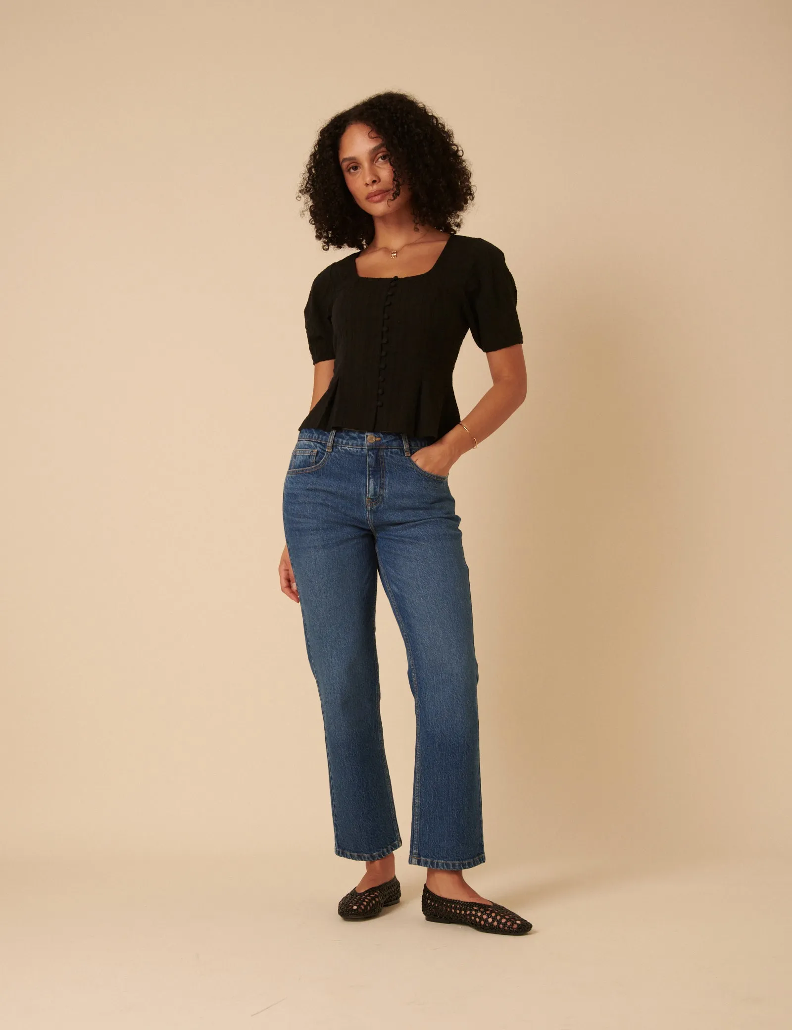 Black Short Sleeve Button Down Blouse sold by Nobody's Child product image thumbnail 2