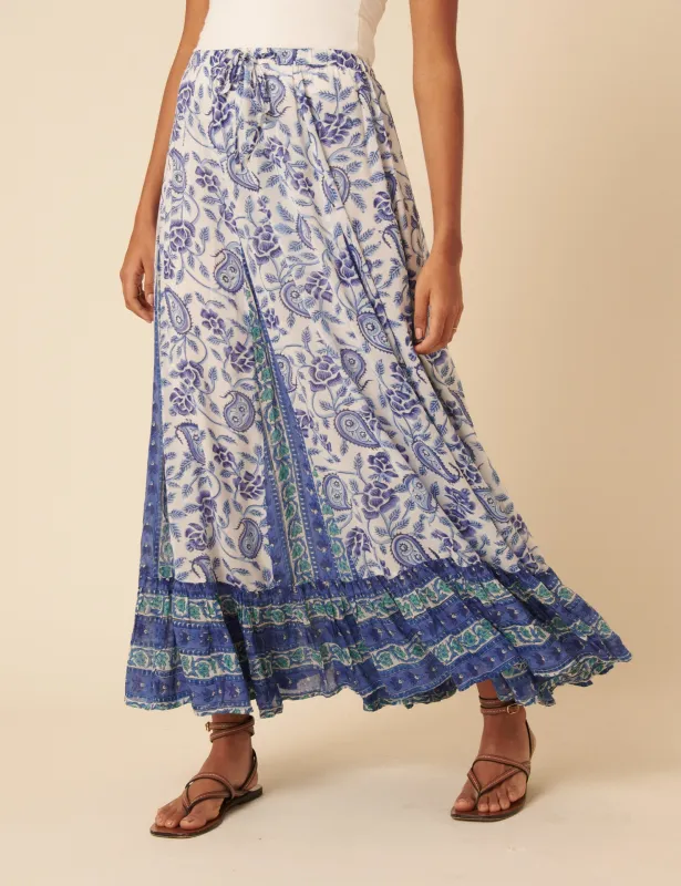 Blue Woodblock Printed Tiered Maxi Skirt sold by Nobody's Child