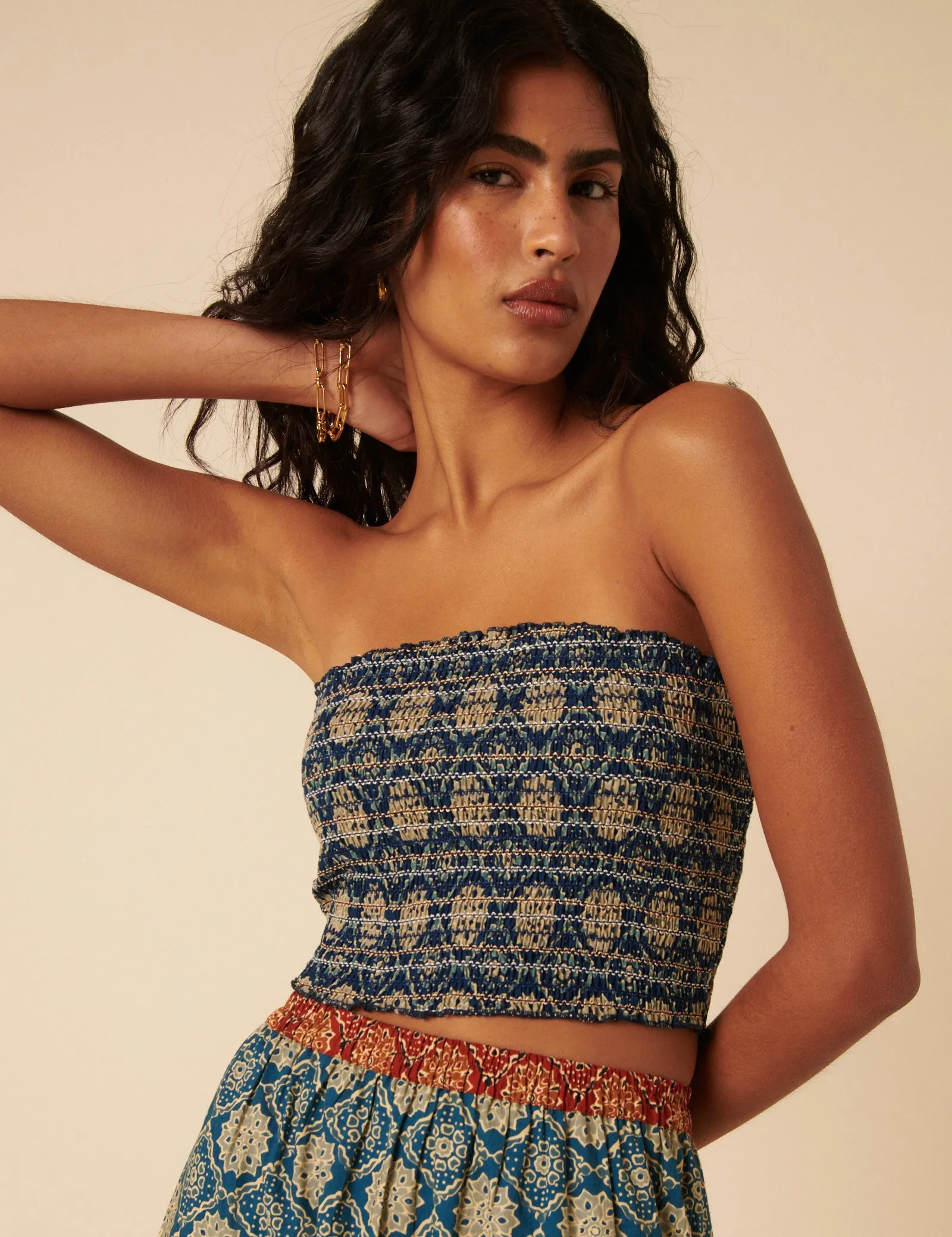 Blue Tile Printed Shirred Bandeau Top sold by Nobody's Child
