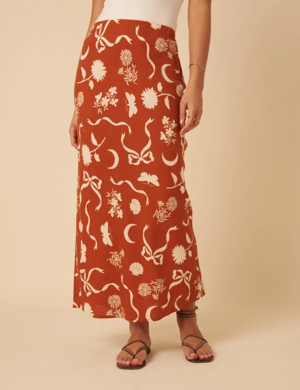 Orange Printed Linen-blend Midi Skirt sold by Nobody's Child