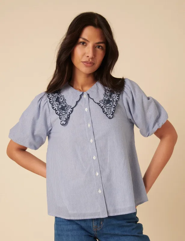 Blue Embroidered Collared Striped Blouse sold by Nobody's Child