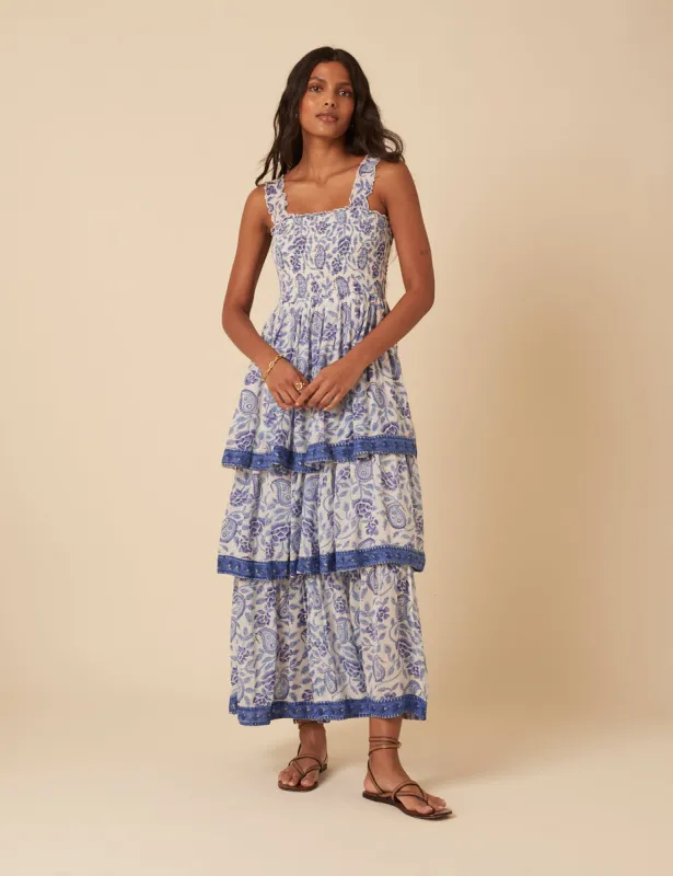 Blue Woodblock Printed Tiered Rowan Midi Dress sold by Nobody's Child