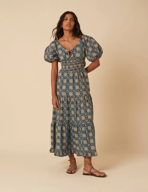 Blue Tile Printed Aria Midi Dress sold by Nobody's Child