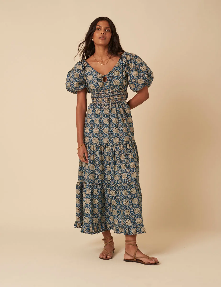 Blue Tile Printed Aria Midi Dress sold by Nobody's Child