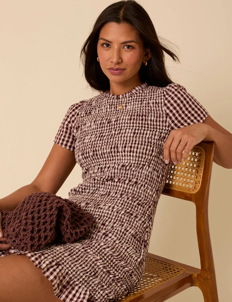 Brown Gingham Shirred Martha Mini Dress sold by Nobody's Child product image thumbnail 3