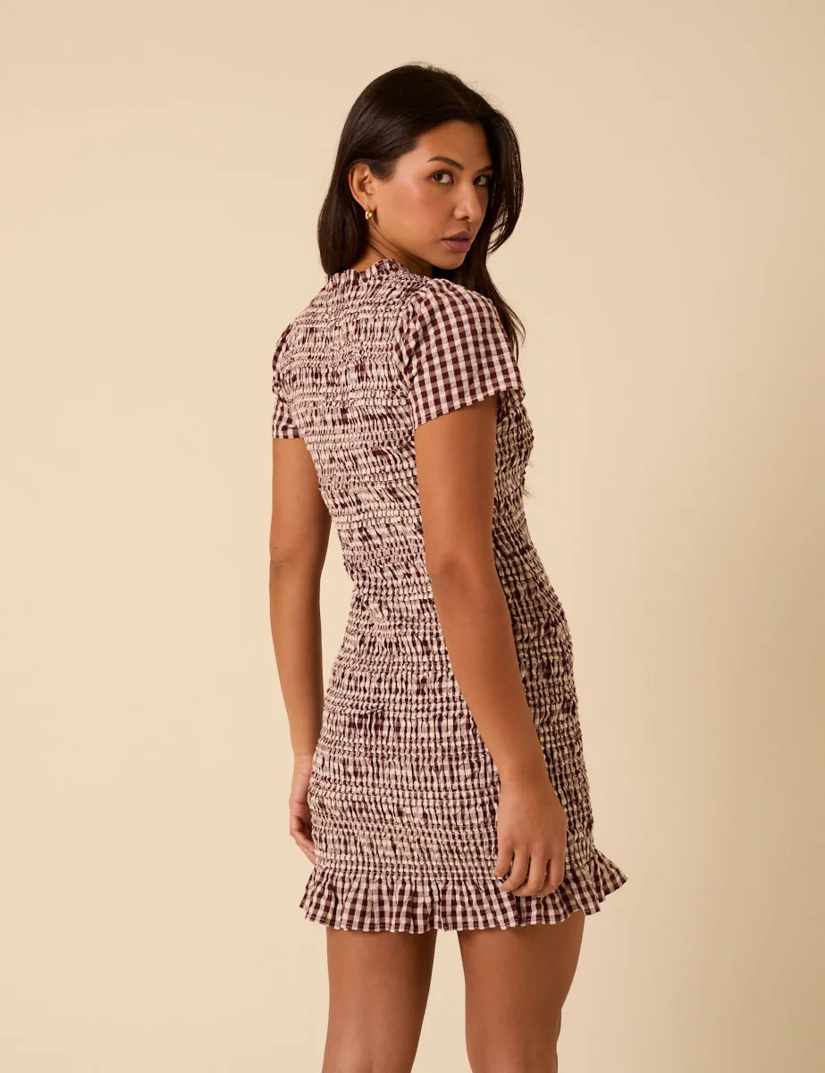 Brown Gingham Shirred Martha Mini Dress sold by Nobody's Child product image thumbnail 4