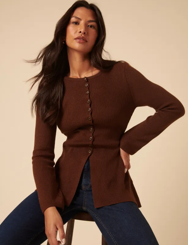 Brown Ribbed Longline Cardigan sold by Nobody's Child