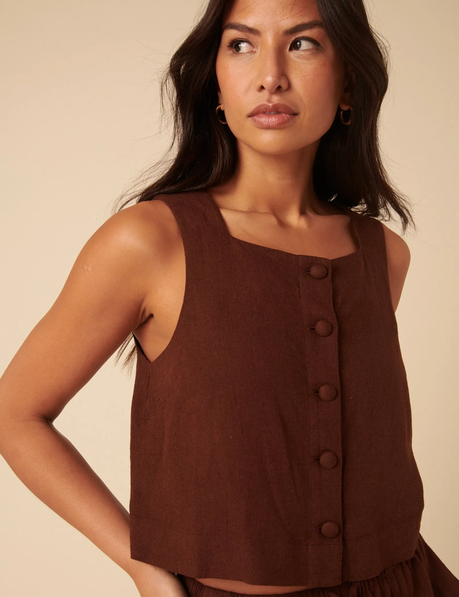 Brown Linen-blend Button Down Swing Top sold by Nobody's Child