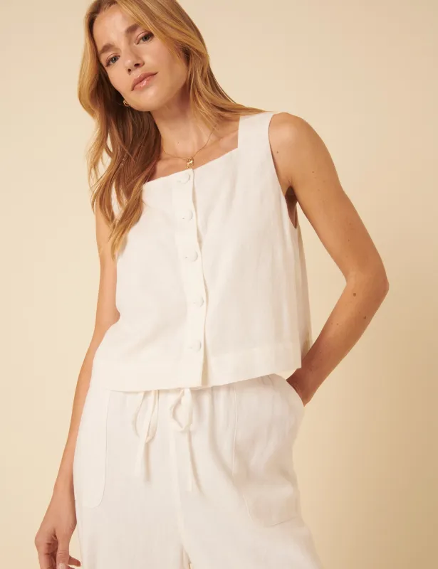 White Linen-blend Button Down Swing Top sold by Nobody's Child