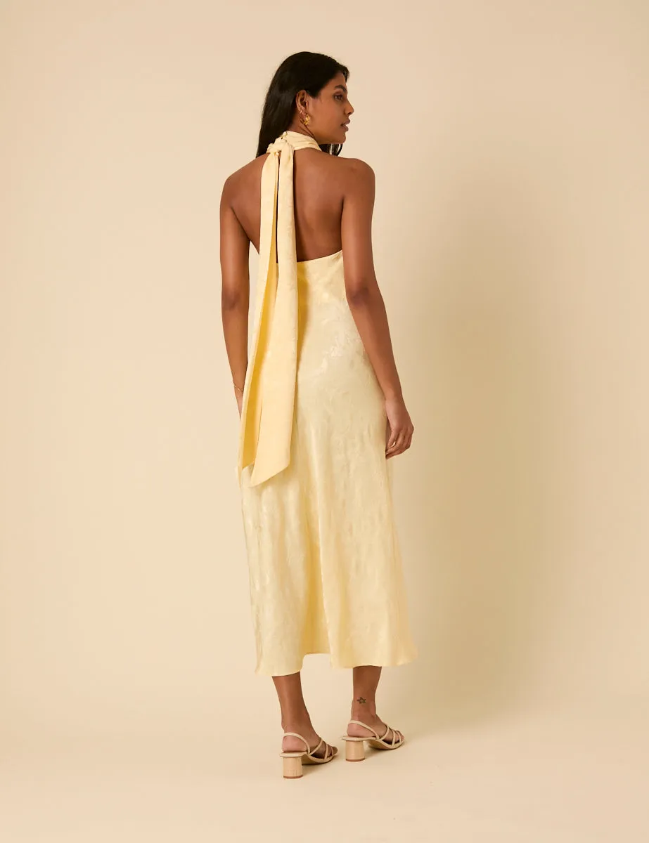 Butter Yellow Floral Jacquard Tie Neck Fifi Midi Dress sold by Nobody's Child product image thumbnail 5