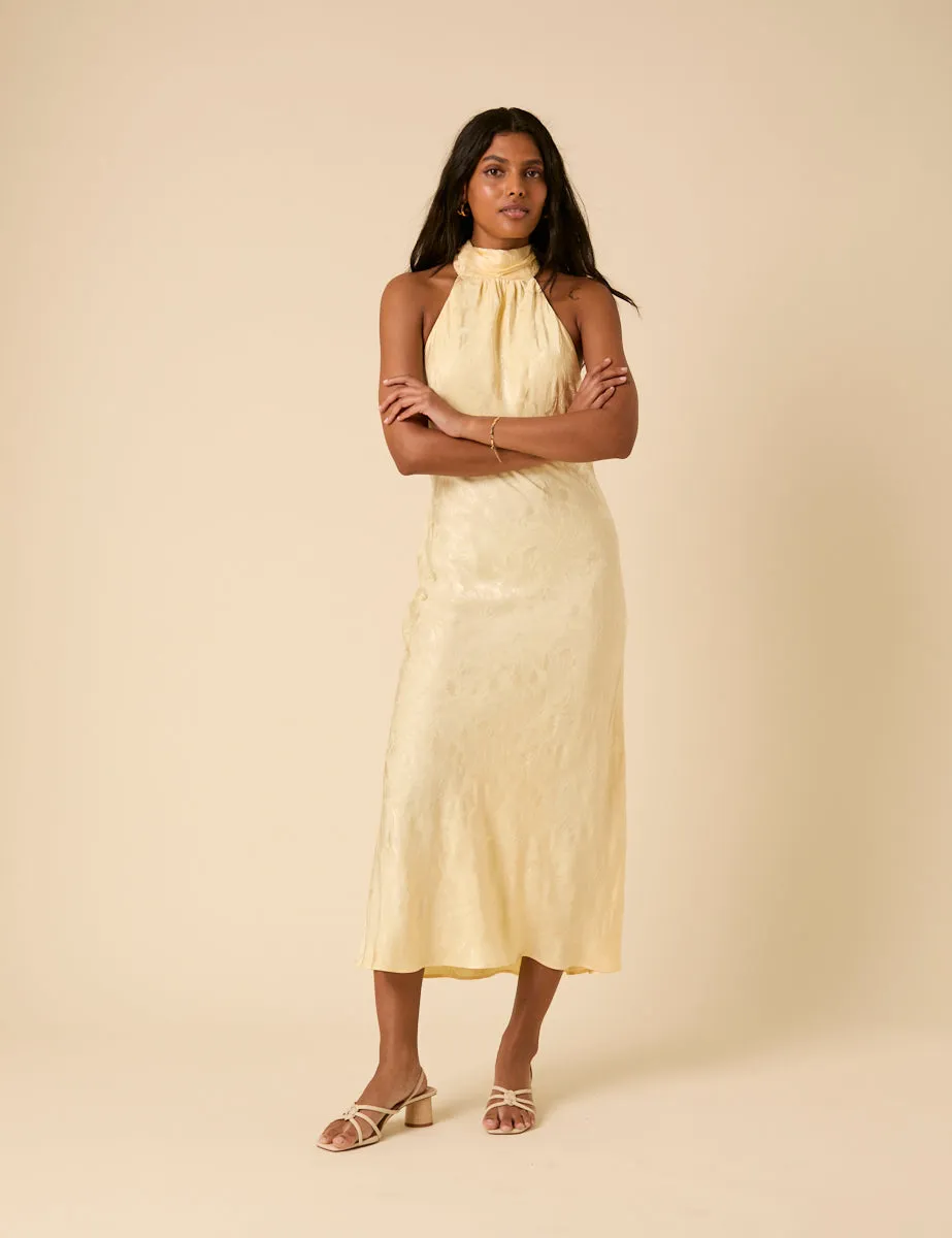Butter Yellow Floral Jacquard Tie Neck Fifi Midi Dress sold by Nobody's Child product image thumbnail 3
