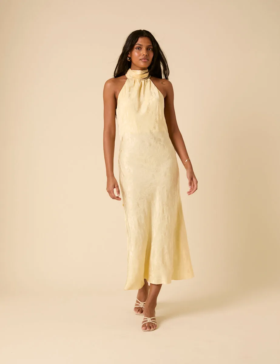 Butter Yellow Floral Jacquard Tie Neck Fifi Midi Dress sold by Nobody's Child