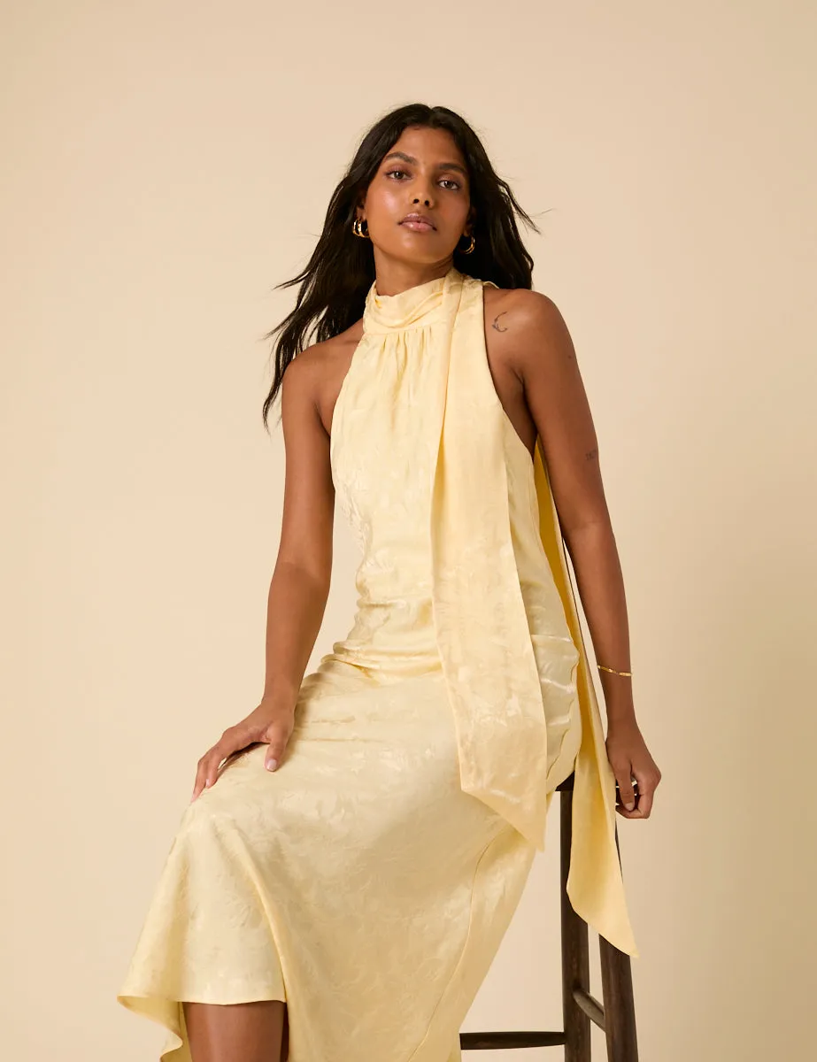 Butter Yellow Floral Jacquard Tie Neck Fifi Midi Dress sold by Nobody's Child product image thumbnail 4