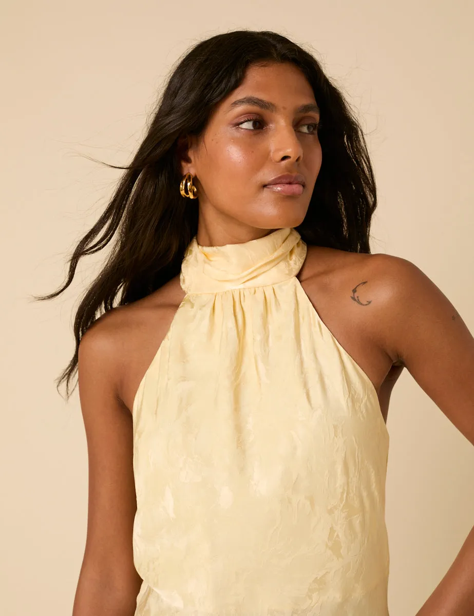 Butter Yellow Floral Jacquard Tie Neck Fifi Midi Dress sold by Nobody's Child product image thumbnail 2