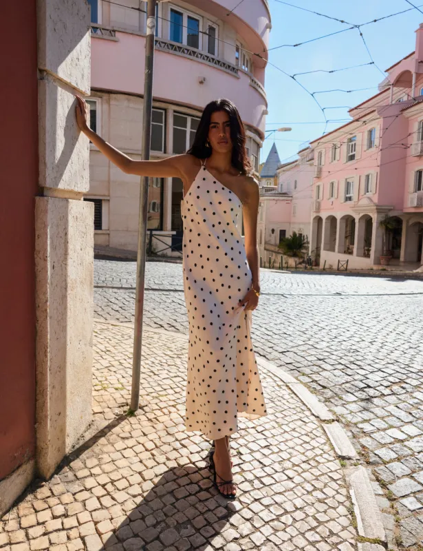 White Polka Dot One Shoulder Pia Maxi Dress sold by Nobody's Child