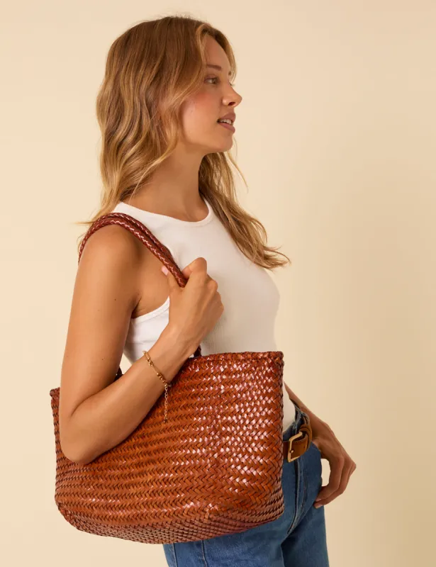 Ellyla Tan Woven Leather Tote Bag sold by Nobody's Child