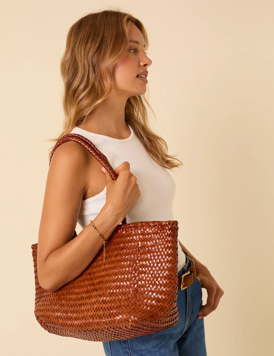 Ellyla Tan Woven Leather Tote Bag sold by Nobody's Child