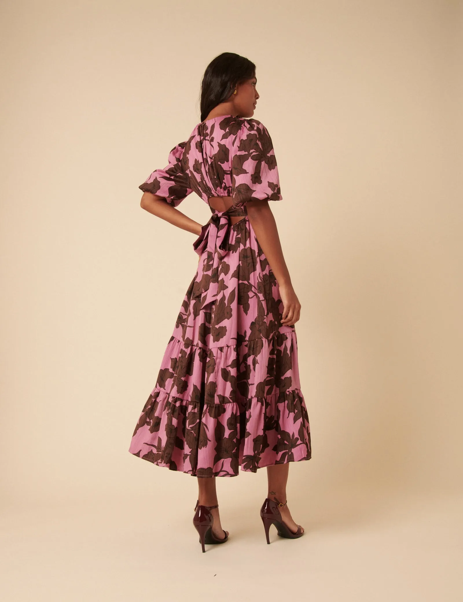Pink Floral Puff Sleeve Zelda Midi Dress sold by Nobody's Child product image thumbnail 3