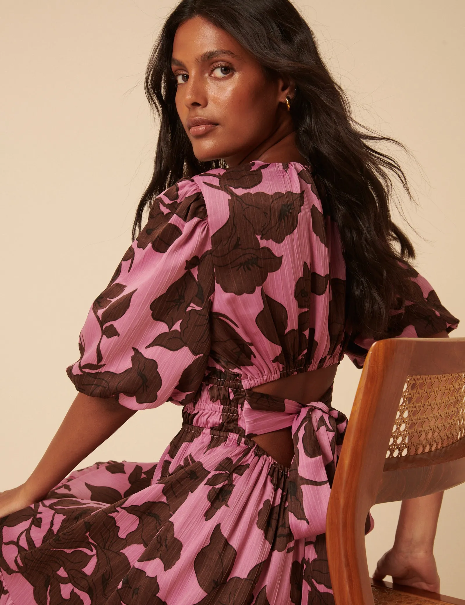 Pink Floral Puff Sleeve Zelda Midi Dress sold by Nobody's Child product image thumbnail 2