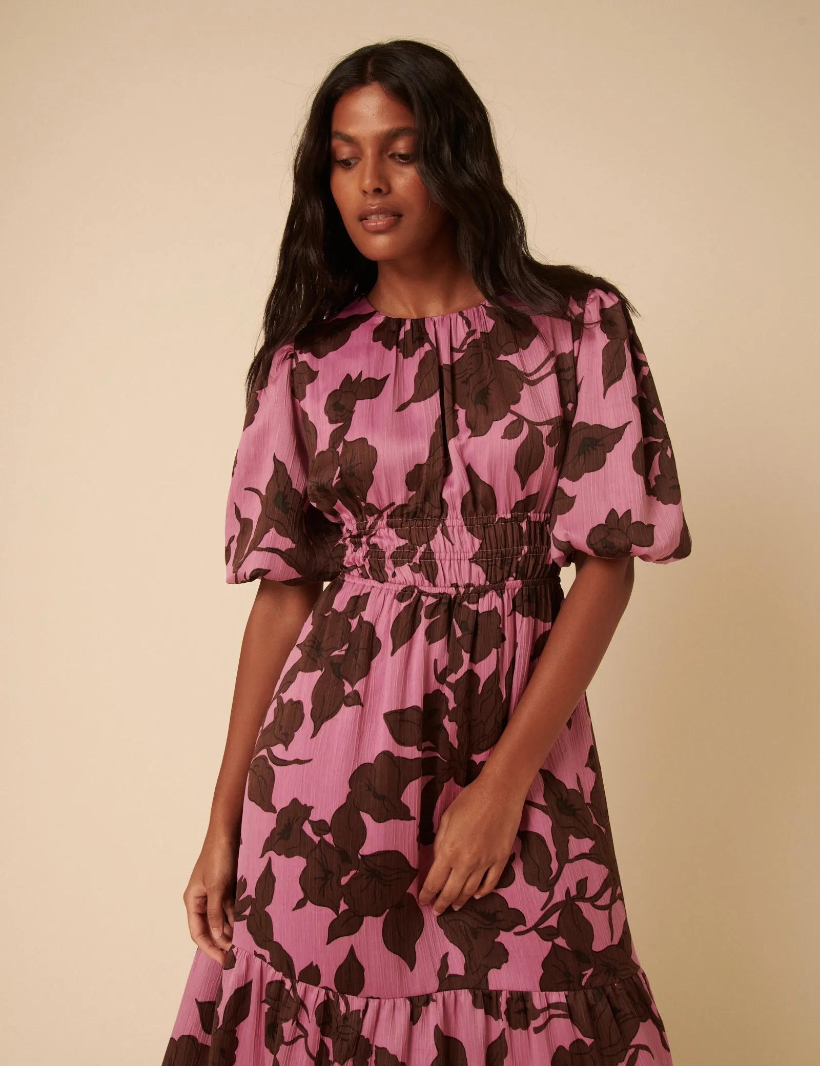 Pink Floral Puff Sleeve Zelda Midi Dress sold by Nobody's Child product image thumbnail 4