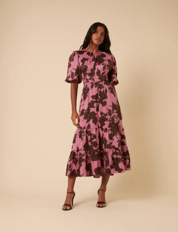 Pink Floral Puff Sleeve Zelda Midi Dress sold by Nobody's Child