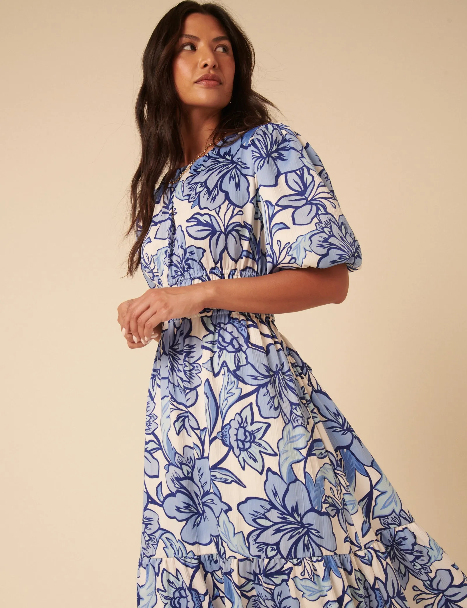Blue Floral Puff Sleeve Zelda Midi Dress sold by Nobody's Child product image thumbnail 3