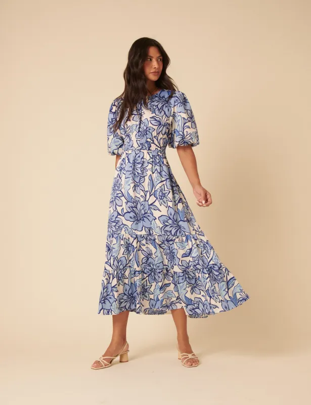 Blue Floral Puff Sleeve Zelda Midi Dress sold by Nobody's Child