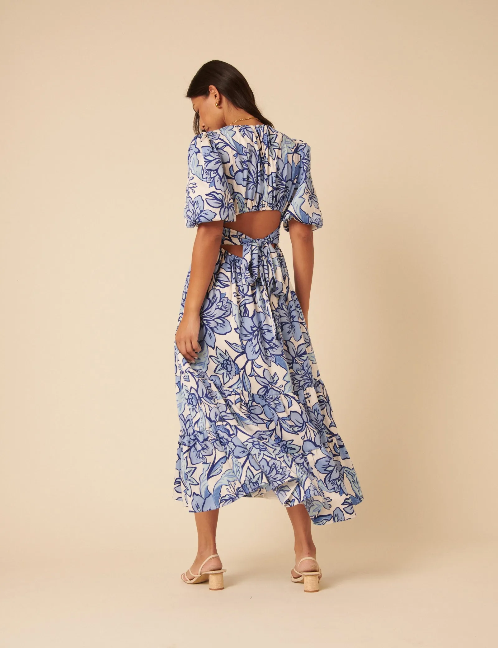 Blue Floral Puff Sleeve Zelda Midi Dress sold by Nobody's Child product image thumbnail 4