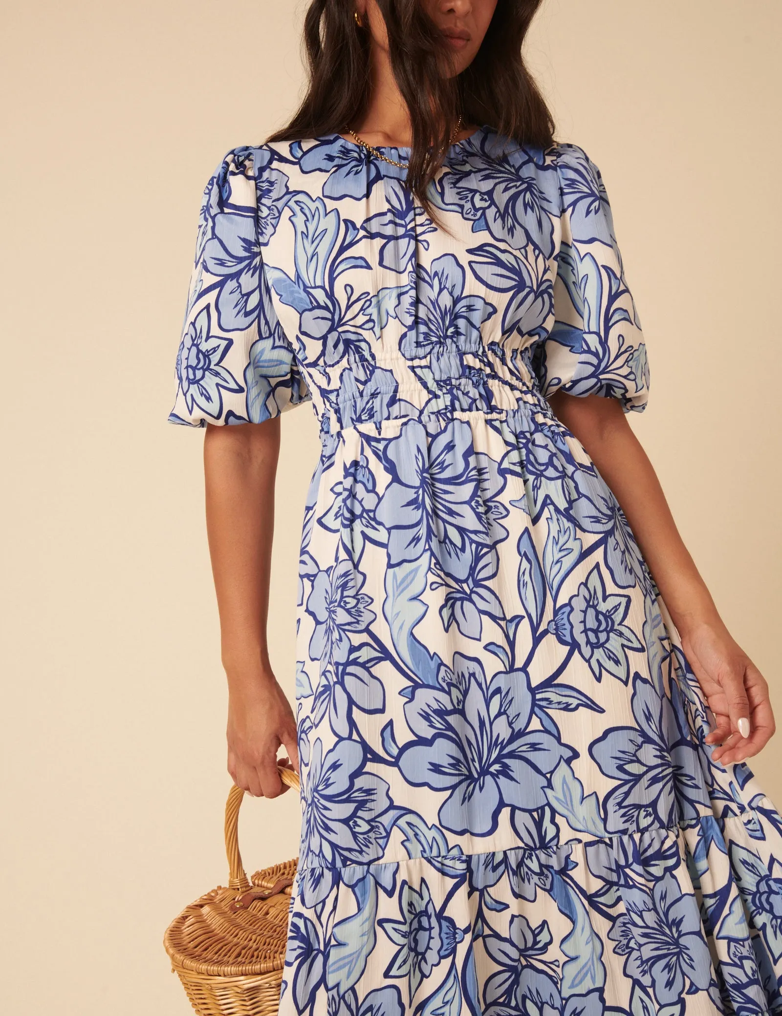 Blue Floral Puff Sleeve Zelda Midi Dress sold by Nobody's Child product image thumbnail 5
