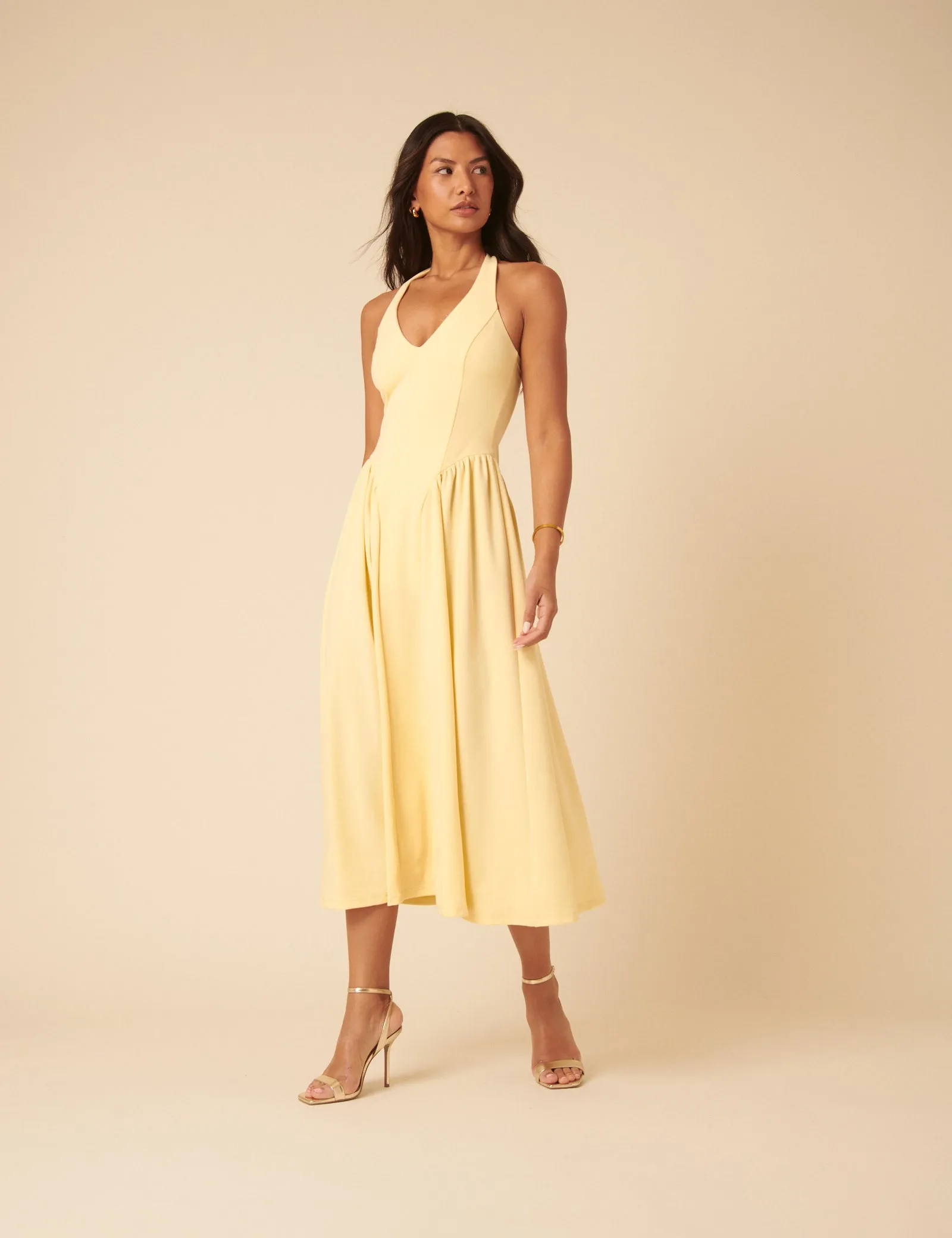 Butter Yellow Halter Neck Amie Midi Dress sold by Nobody's Child