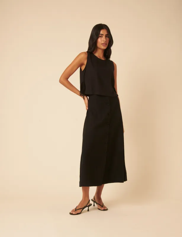 Black Linen-blend Button Down Midi Skirt sold by Nobody's Child