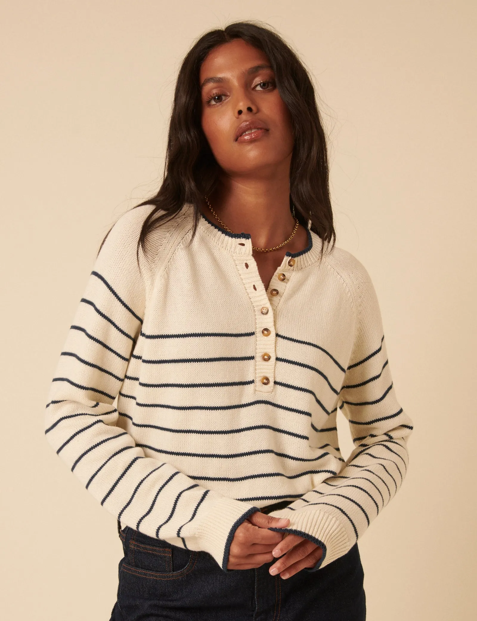Cream Knitted Striped Henley Jumper sold by Nobody's Child