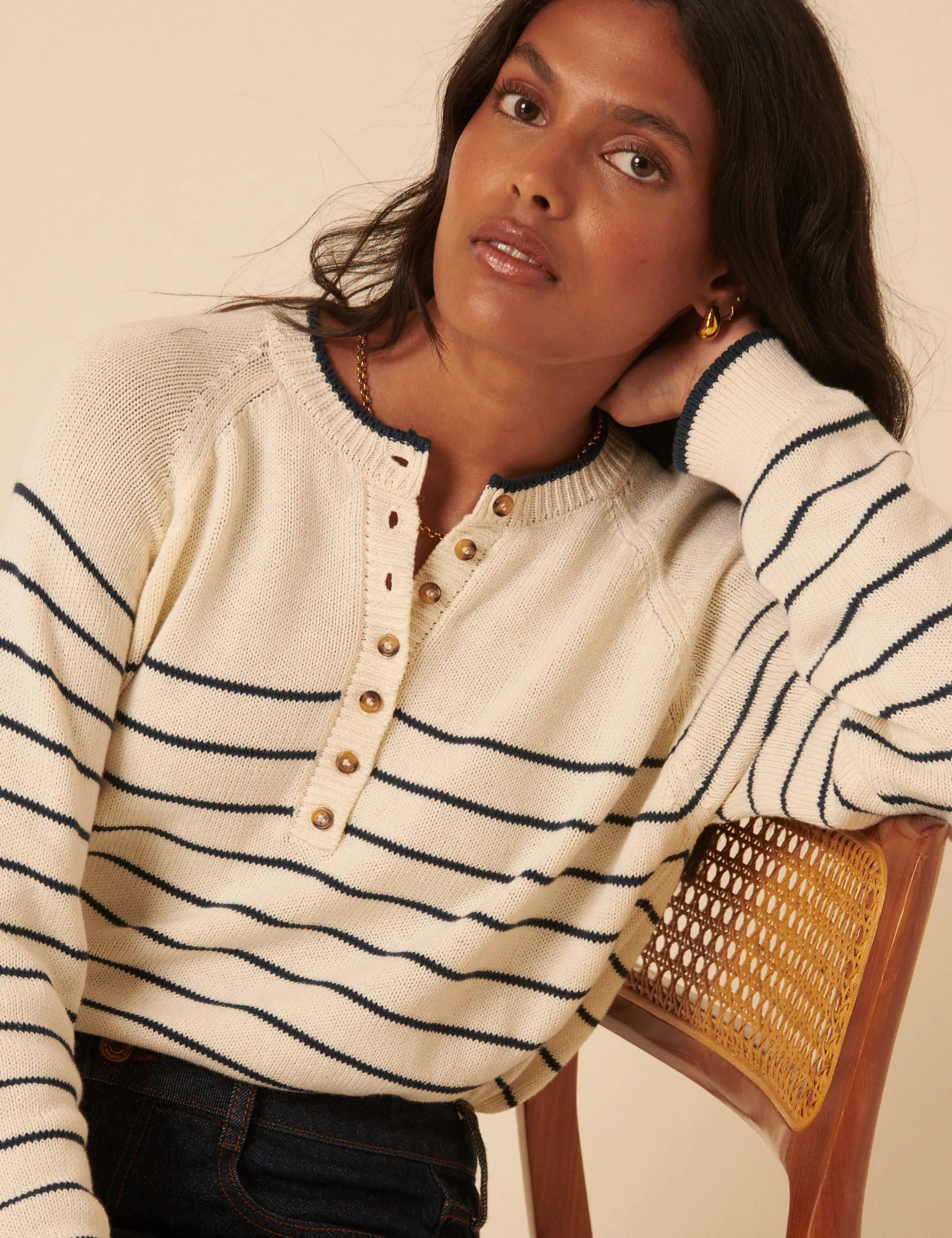 Cream Knitted Striped Henley Jumper sold by Nobody's Child product image thumbnail 3