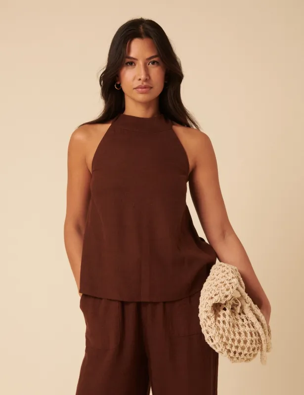 Brown Linen-blend Halter Neck Top sold by Nobody's Child